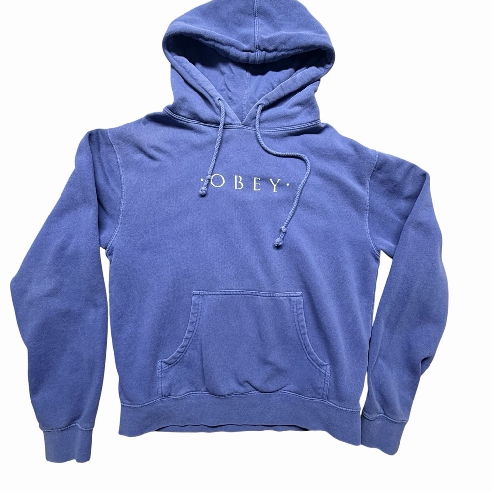 Obey‎ Worldwide Blue Pullover Hoodie Men's Large Logo Fleece Sweatshirt